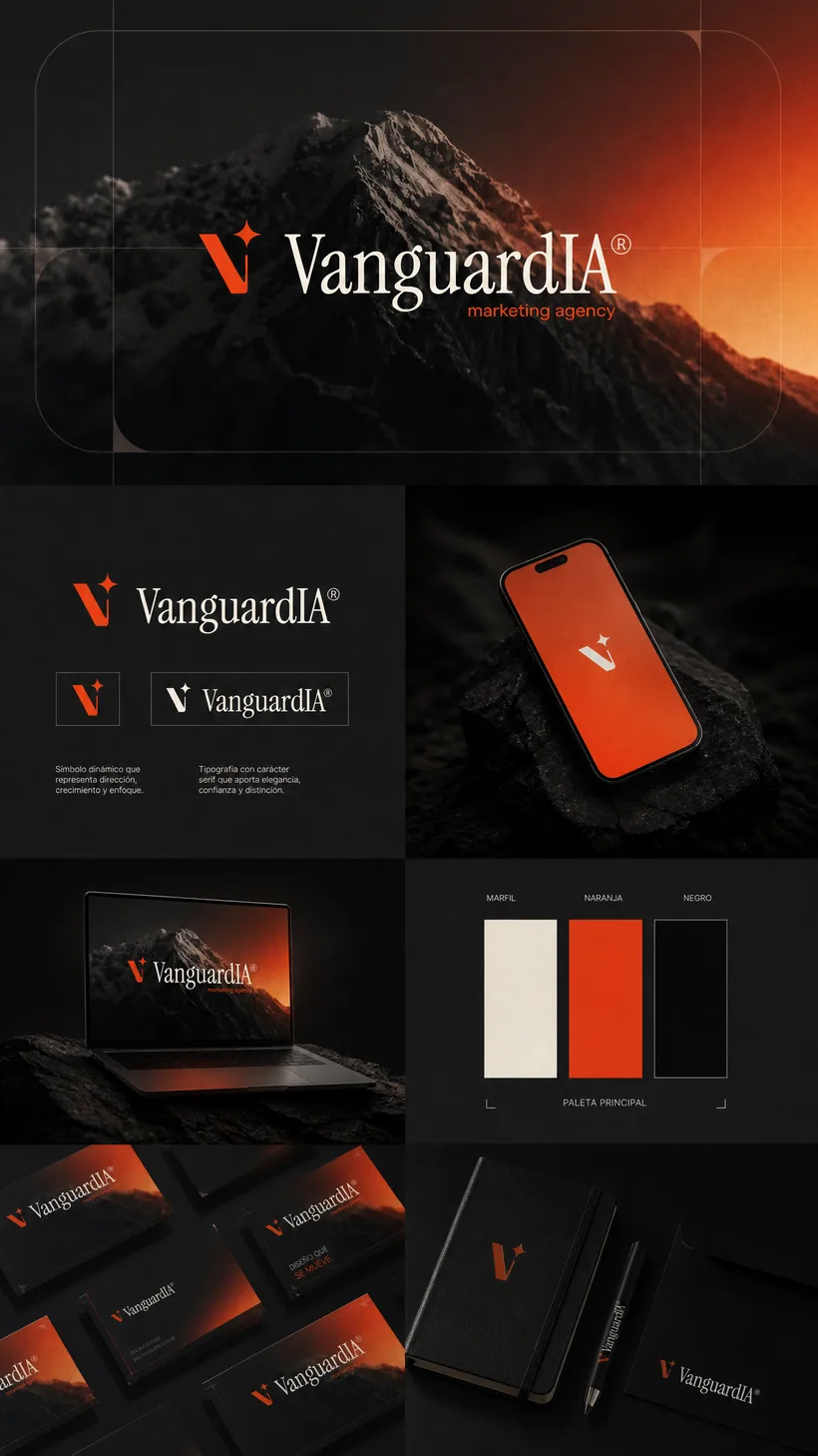 Manual de identidad de VanguardIA: logotipo, paleta de color y aplicaciones en pantalla y papelería