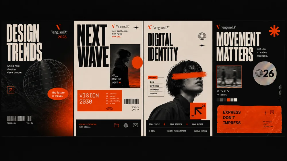 Serie de cuatro carteles editoriales de VanguardIA sobre tendencias de diseño, identidad digital y movimiento